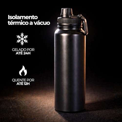 Garrafa Térmica Inox 800ml com Alça Parede Dupla Antivazamento Fitness Gyms - Preta