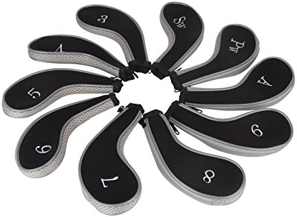 (Pack of 10) MAXZOLA® Neoprene Zippered Golf Club Iron Head Covers,Golf Head Covers (Black-Grey)