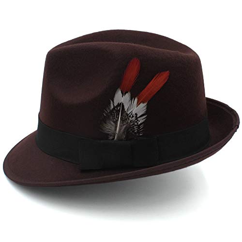England Fedora Hat, Feather Black Gentleman Hat,Wedding Hat, Bride Groom Hat, Retro Jazz Hat For Men And Women, by jdon-hats, (Color : Dark Red, Size : 56-58cm) - Thumbnail 4