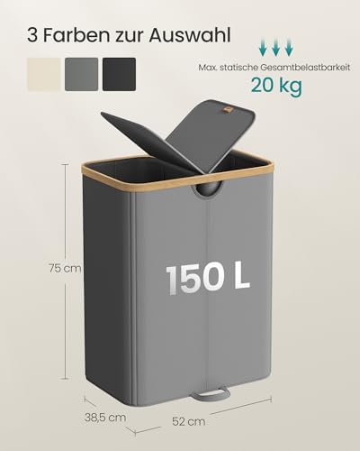 Wäschekorb 2 Fächer, Wäschesammler, 150 Liter, Wäschesortierer mit Deckel, Wäschetonne, Wäschesäcke herausnehmbar, für Waschküche, Schlafzimmer, Wohnzimmer, schiefergrau-naturbeige LCB523G01