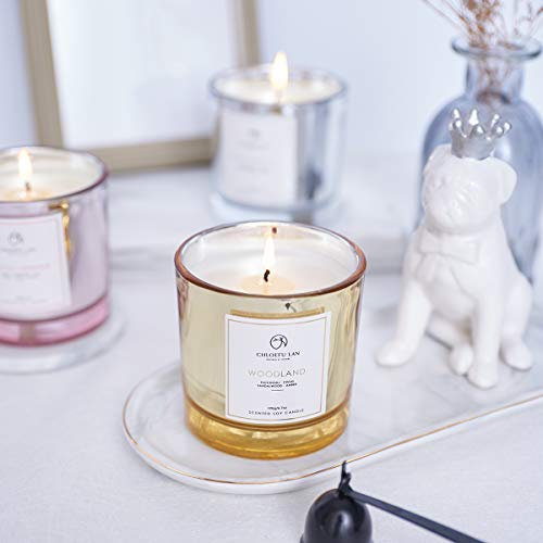 Scented Candle Patchouli & Sandalwood & Musk Soy Wax Long Burning (40 hours) Strong Fragrance Aromatherapy Candles for Home Decorative, Stress Relief and Best Gifts with Golden Glass (Woodland)