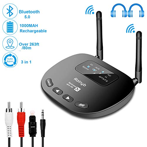 [Upgrade] Bluetooth 5.0 Transmitter Receiver 265FT Long Range 3 in 1 Bluetooth Audio Adapter AptX LL & AptX HD, Optical RCA AUX 3.5mm for TV PC Home Stereo Headphone/Speaker, USB Rechargeable