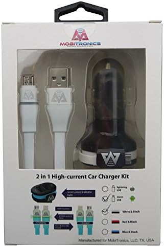 MobiTronics 2-in-1 High Current Car Charger KIT with SMART LED Micro USB cable (3.3 ft) + DUAL port 3.4a Smart Car Charger with built-in 10" Cable1 YEAR WARRANTY (Micro-USB Car Charger Kit-White)