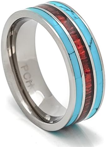 Titanium Turquoise Koa Wood Ring 8mm 3 Row Wedding Band or Gift