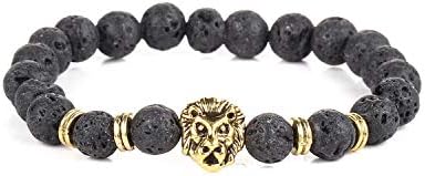 Awertaweyt Gemstone Beaded Bracelet, Black Lava Natural Stone Gold Color Lion Strand Bracelet Femme Ethnic Handmade Beads Bracelets Turkish Men Jewelry