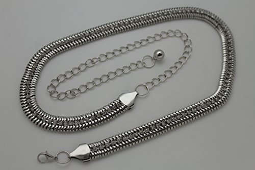 TFJ Women Fashion Belt Silver Mesh Metal Chain Narrow Hip Waist Beads Skinny S M L