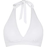 Women's Supportive Halter Bikini Padded Push Up Ruched Bust Hook Back Swimsuit Bathing Suit Tops Only