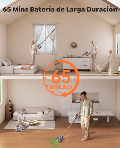 SMOTURE Cordless Vacuum Cleaner 50KPA/600W/65Min, Broom Vacuum Cleaner with 1M Hose, Anti-Tangle Brush with Light, Auto Mode, Wall Charging Base, for Pet Hair/Floors/Carpets/Car