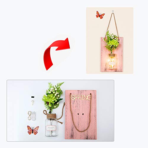 Decorative Artificial Flower Wall Decor - Rustic Wall Hanging Sconces with Mason Jars and LED Fairy Lights 1 Pack - Farmhouse Home Decor(Spring Board with Gerbera)