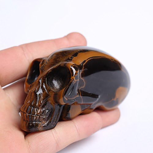 HongJinTian Natural Tiger Eye Crystal Handcarved Long Head Skull Sculpture Quartz for Home Decor 2.28"H 210g