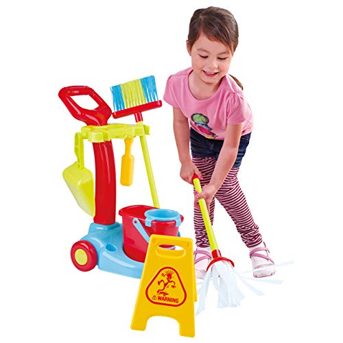 PlayGo My Cleaning Wheel Trolley Set 8PCS Housekeeping Broom, Mop,Organizing Stand Children Cleaning Tools