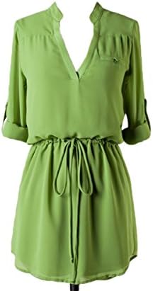 SurelyMine Womens Quarter Sleeves V-cut dress with banded waist Small Green