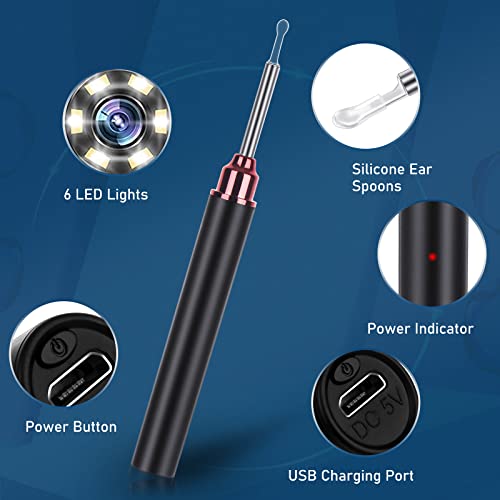 Ear Wax Removal Tool,Ear Cleaner Camera with 10 Pcs Ear Set,1080P HD Smart Rechargable,Ear Otoscope with 6 LED Lights Ear Cleaning Kit,Compatible with iPhone, Andriod Phones and Tablets(Black)