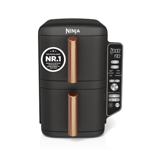 Ninja Double Stack XL Heißluftfritteuse, 2 vertikale Schubladen, 4 Kochstufen, 2 Einschübe, platzsparendes Design, 9,5 L Fassungsvermögen, 6 Funktionen, 8 Portionen, Zange, Schwarz/Kupfer SL400EUCP