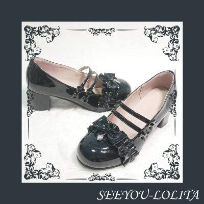 Amazon Harujuku 靴ヴィンテージ丸頭厚いヒール女性の靴かわいいちょう結びレースフリルかわいい靴かわいいガールロリ Cos 7 38 アニメ 萌えグッズ 通販