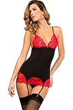 Rene Rofe Women's Lace and Garter Chemise and G-String Set, Black, Small/Medium