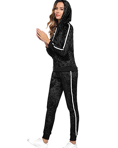 Hawiton Women's Velvet 2 Piece Tracksuit Long Sleeve Hoodie Sweatshirt and Pants Set Sweatsuit Sportswear Black