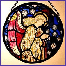 Decorative Hand Printed Stained Glass Window Sun Catcher/Roundel in an Angel Praying William Morris Design.