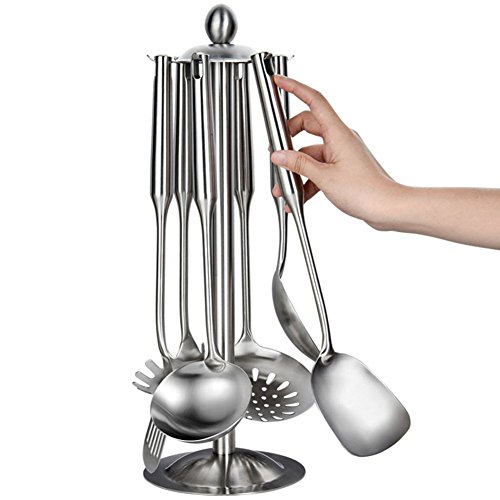 HaloVa Kitchen Utensil Set, Versatile Nonstick Food Grade Stainless Steel Cooking Utensils Set with Long Handle and Hanging Rack, Includes Ladles, Pasta Server, Spatula, Strainer, Slotted Turner