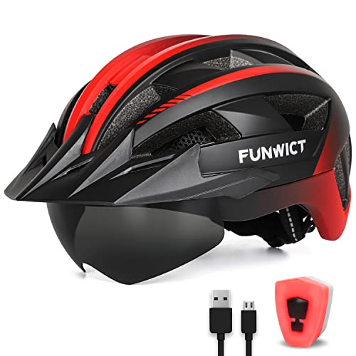 FUNWICT Fahrradhelm mit Visier für Herren Damen, Leichte Fahrradhelm mit Magnetischem Brille und USB-Aufladung LED Licht, Stylisch Mountainbike Helm G