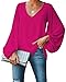 BELONGSCI Women's Casual Sweet & Cute Loose Shirt Balloon Sleeve V-Neck Blouse Top Rose Red
