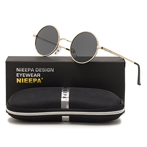 NIEEPA Vintage Round Polarized Hippie Sunglasses Small Circle Metal Driving Sun Glasses (Grey Lens/Gold Frame) - Thumbnail 7