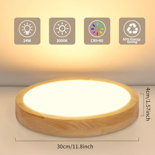 Kambo LED Ceiling Light Wood 3000K Warm White 24W 3100LM | Round Nordic Flat Ceiling Light Diameter 30 cm for Bedroom, Living Room, Kitchen, Dining Room, Hallway