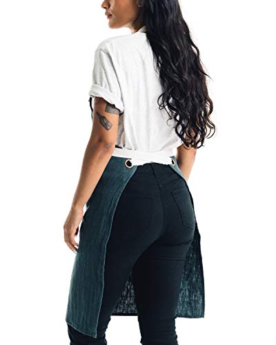 Caldo Linen Kitchen Apron - Mens and Womens Linen Bib Apron - Adjustable with Pockets (Spruce)