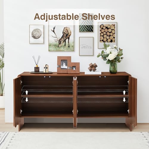 Sideboard Buffet Cabinet, Accent Storage Cabinets with 4 Doors, Farmhouse Wood Cabinet with Adjustable Shelves and Wave Panel for Living Room, Dining Room, Entry - Walnut