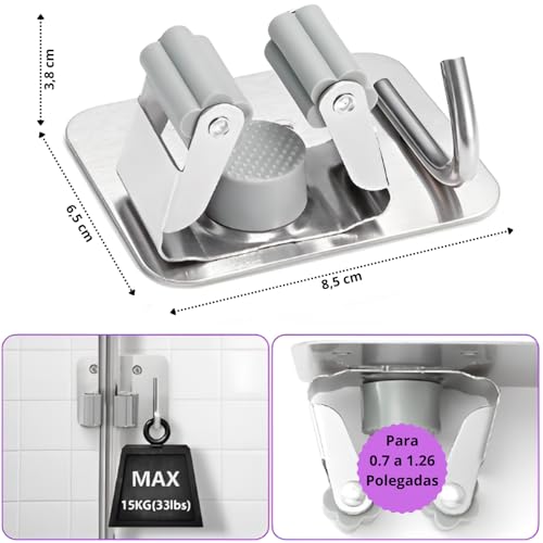 Kit 3 Unidades – Suporte Porta Vassouras em Aço Inox Premium com Prendedores Antiderrapantes e Ganchos – Organização Completa para Cozinha, Lavanderia e Garagem com Fixação Adesiva