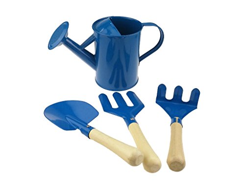 Gardening Tool Set For Kids Children Includes Watering Can Gloves Shovel Rake Fork and Carry bag Girls Boys Gift (Blue)