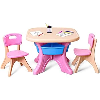 Costzon Kids Table and 2 Chair Set, Children Activity Art Table Set w/Detachable Storage Bins, Strong Bearing Capacity, Lightweight, Kiddie-Sized Plastic Furniture (Pink)