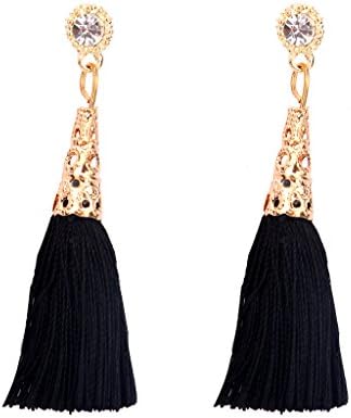 Edress Jewellery Long Black And Gold Earrings Classic Rhinestone Fashion Hidden Easy Hook Bohemia Big Tassel Drop Dangle Ethnic Element Beatiful Summer Jewelry Charm For Women (5Black)