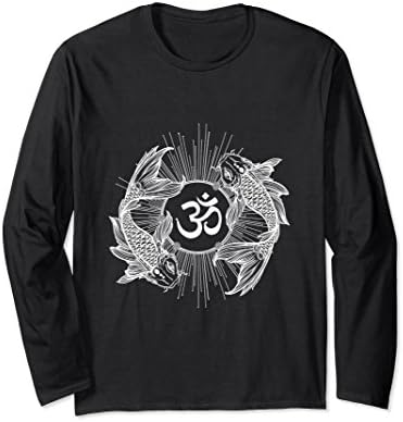 Unisex Buddhism L/S T-Shirt: Om Spiritual Symbol &amp; Gold Fishes Medium Black
