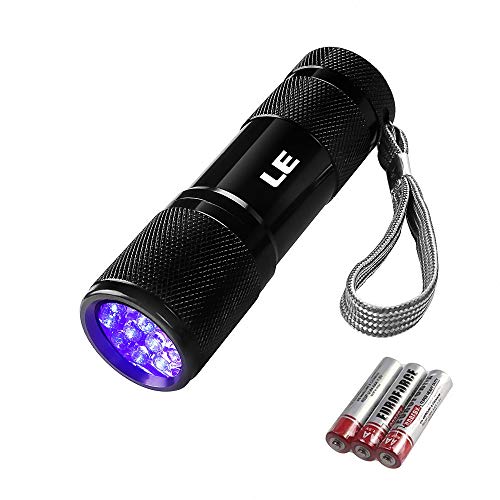 LE Small UV Blacklight Flashlight, Portable Black Light with 9 LEDs, 395nm, Ultraviolet Light Detector for Invisible Ink Pens, Dog Cat Pet Urine Stain, AAA Batteries Included