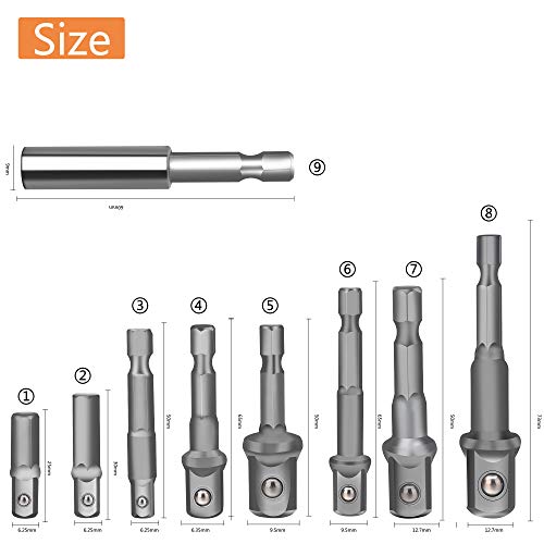 Drill Socket Adapter for Impact Driver with Hex Shank to Square Socket Drill Bits Bar Extension set 8 Pieces