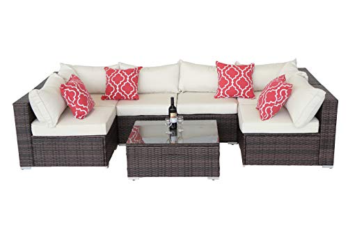 Do4U 7 Pieces Outdoor Patio PE Rattan Wicker Sofa Sectional Furniture Set Conversation Set- Turquoise Seat Cushions & Glass Coffee Table| Patio, Backyard, Pool| Steel Frame (Beige)