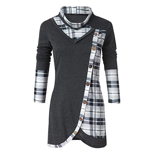 Clearance Womens Plaid Turtleneck Tartan Tunic Tops Casual Long Sleeve Button Irregular Blouse Pullover Sweatshirt (XX-Large, Dark Gray-button)
