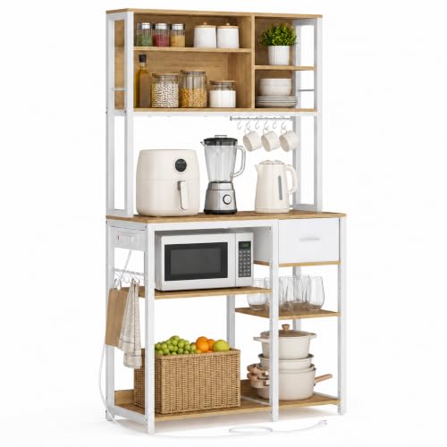 NEWBLUE Alacenas para Cocina, Ajustables Estante para Microondas de Cocina con Enchufes y 12 Ganchos, Cajón de Tela, Muebles para Microondas Mueble para Sala, Cafetería