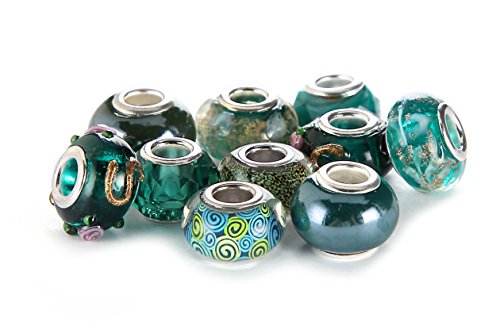 BRCbeads Top Quality 10Pcs Mix Silver Plate EMERALD THEME Murano Lampwork European Glass Crystal Charms Beads Spacers Fit Chamilia Carlo Biagi Zableake Chain Charm Bracelets.