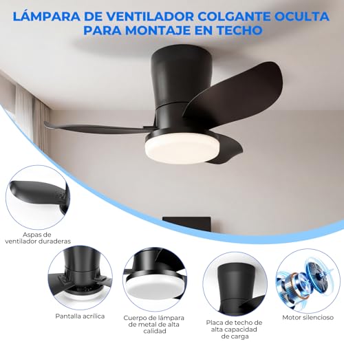 Ventilador De Techo Modernos De 26 Pulgadas, Ventilador De Techo Con Luz Led Y Control Remoto, Lampara Ventilador Silencioso De 3 Aspas Para Interior/exterior Con 3cct 6 Velocidades (Negro)