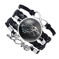 New Horizons Production Game of Thrones Stark Wolf Glass Domed Logo Braided Leather Bracelet