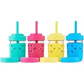 Elk and Friends Kids + Toddler Glass Cups | The Original 8oz Glass Mason Jar with Sleeves + Lids | Silicone Straws + Stopper | Smoothie Cup | Food Storage | Spill Resistant | Dishwasher Safe | 4 Pack