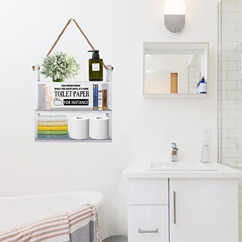 Over The Toilet Storage Shelf, Bathroom Rope Hanging Ladder Shelf 3 Tier Rustic Wall Mounted Farmhouse Wooden Shelves for Toilet Paper Holder Storage, Bottles Organizer, Restroom Decor (seat)
