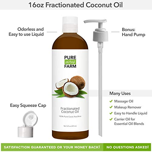 Fractionated Coconut Oil (Liquid) - Carrier oil for mixing with Essential Oils - Moisturizing Massage Oil for Hair, Skin and Body - Add to Homemade Lotion and Cream (16oz)