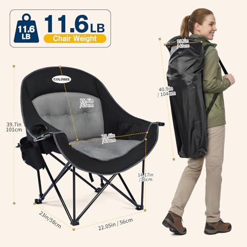 Coldbee Oversized Camping Chairs for Adults - Heavy Duty Padded Folding Lawn Chairs with Cup Holders & Cooler Bag, Comfy Outdoor Chair for Picnic, Beach, Fishing (Black)