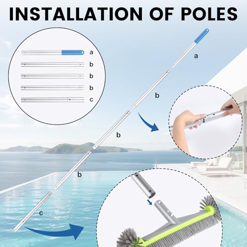 LALAGO Pool Brush, Pool Cleaning Brush, Brush Head with 175 cm Aluminium Handle, Cleaning Brush for Cleaning Bottom, Wall Brush for Swimming Pool (with Handle)