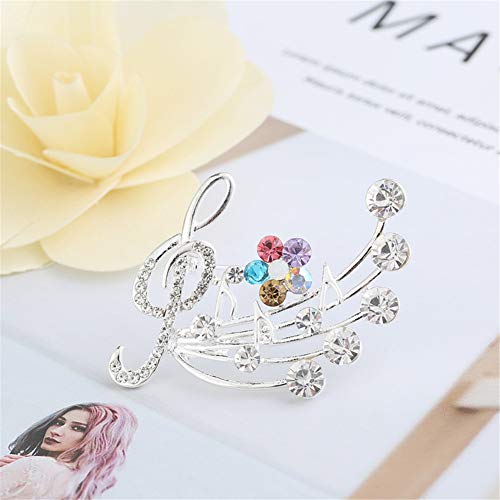 Fashion Music Note Sheet Brooch Colorfu Rhinestaone Flower Note Treble Clef Brooch Pin Scarf Buckle for Women Wedding Concert Party Jewelry Gift(silver)