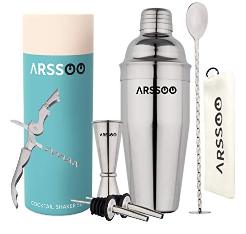 ARSSOO Cocktail-Shaker-Set, Edelstahl, mit 720 ml Martinischaker, 0,85/48,2 g Messbecher, 2 Ausgießer, Rührlöffel und…