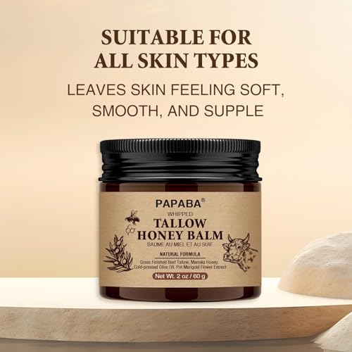 Bálsamo de miel de sebo batido con sebo de res alimentado con pasto, miel de Manuka, aceite de oliva Beef Tallow Honey Balm for Skin 2 oz